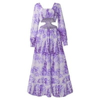 Небрежни рокли за жени Дължина на глезена отпечатани отпечатани с дълъг ръкав A-Line Dress Purple L