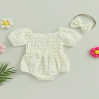Aturuste 0- месеца бебета момичета ромпер комплект къси ръкави извън рамо боди с боукен лента за глава лятно облекло