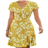 Секси танцова тениска рокля за жени лято V Neck Beach Sundress Floral Print Retro Holiday Mini Dress Gold XL