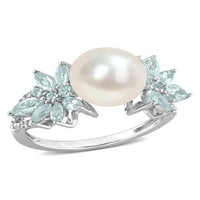 Миабела женска сладководна култивирана перла и 1-карат Т. Г. в. аквамарин и карат Т. в. диамант 14кт Бяло Злато клъстер цветен пръстен
